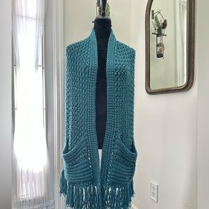 Soft and warm womens Cozy Grandma Pocket Shawl Blanket Scarf Teal Blue Green
